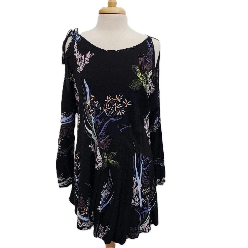 Free People Black Floral One-Shoulder Cold-Shoulder Dress